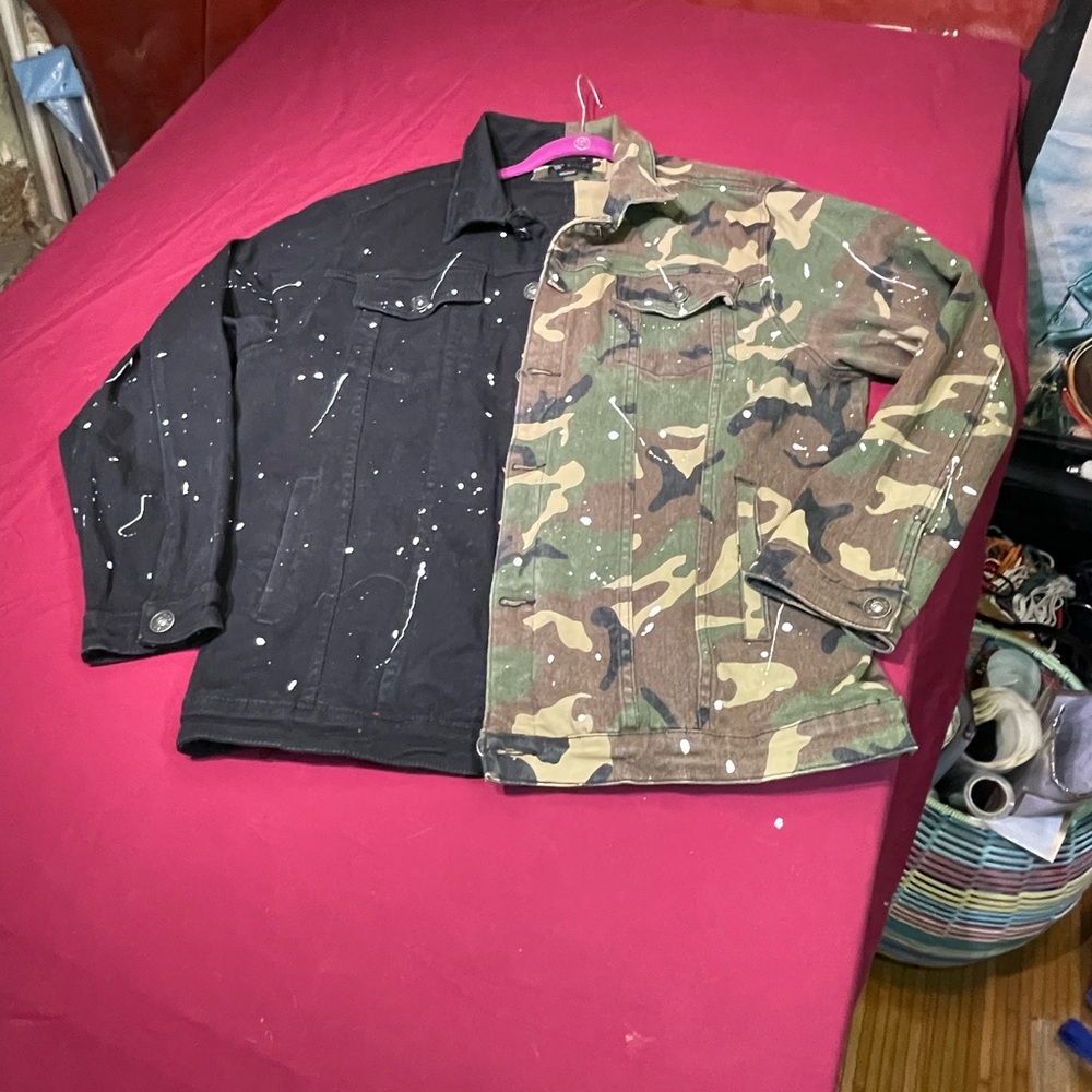 Black and Camouflage Splatter Jean Jacket